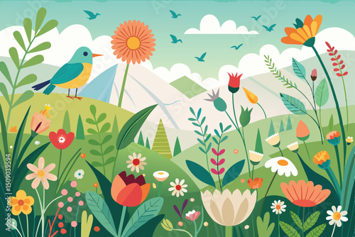 Colorful vector illustration of birds on a spring meadow with flowers and butterflies