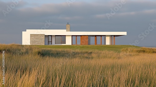 Coastal modern house, grassy dune setting, sunset sky, architectural design, real estate