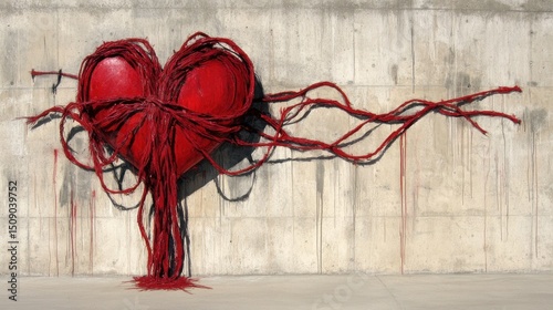 Red heart sculpture, urban wall, tangled yarn, outdoor art, love concept