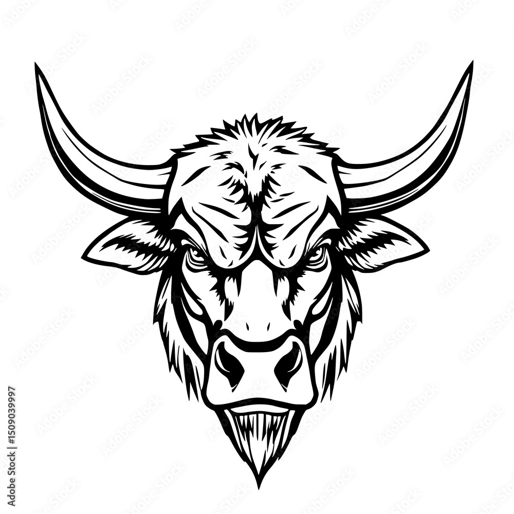 Obraz premium Aggressive Bull Head: A fierce monochrome line art illustration showcases a bull's head with prominent horns and a menacing expression, rendered in bold black and white.