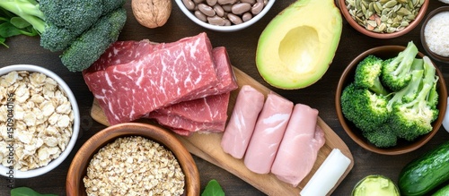 Healthy food flatlay beef, chicken, oats, broccoli, avocado.  Dietary guide image