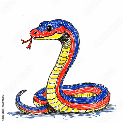 Whimsical childlike depiction of an Egyptian cobra with raised hood  