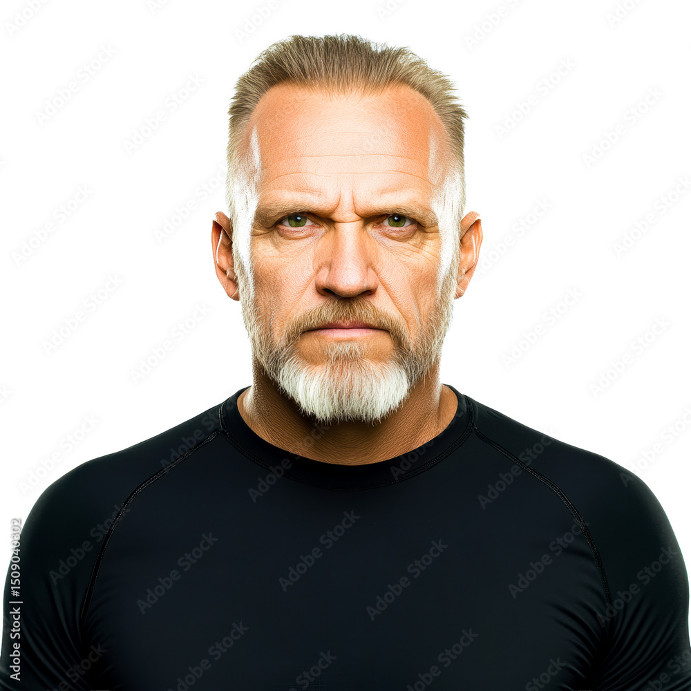 Stern older man portrait, white beard, dark shirt, front view, cut out transparent Stern older man portrait, white beard, dark shirt, front view, cut out transparent