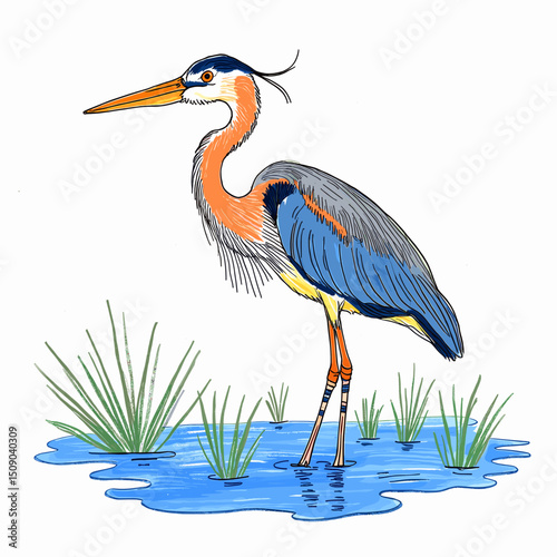 Long-legged heron standing in blue waters among green grass  
