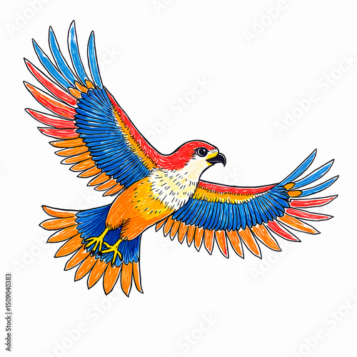 Colorful bird flying with outstretched wings in vibrant design  