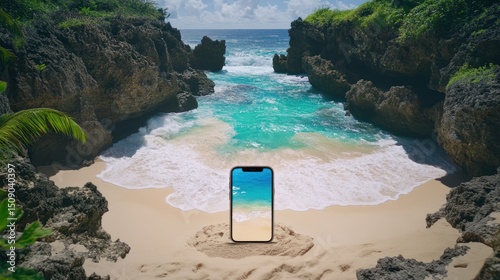Phone on tropical beach, ocean cove background, travel vacation