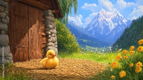Alpine chick, mountain view, spring meadow, rural hut