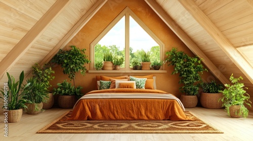 Bohemian attic bedroom, plants, window, peaceful retreat, interior design