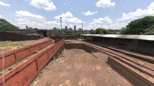 Industrial railway yard, city skyline backdrop, cargo containers, daytime