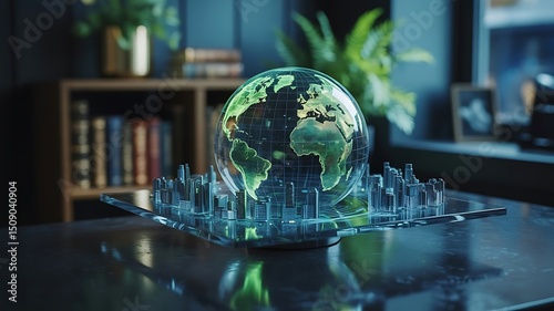 A green globe sits on a table with bookshelves filled with books in the background.