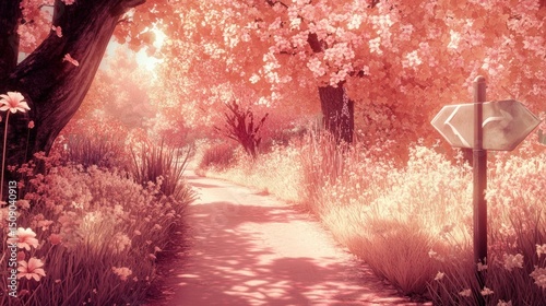 Pink blossom path, sunlit trail, peaceful garden, serene landscape, spring scene, ideal for travel blogs