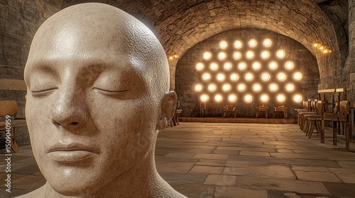 Serene stone head, ancient hall, illuminated wall, peaceful setting