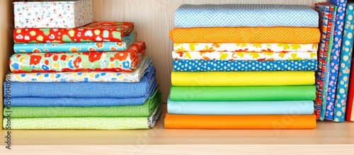 Colorful fabric stacks shelf storage craft hobby