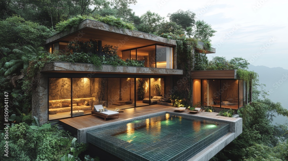 Naklejka premium A luxurious eco-villa set on a lush hillside