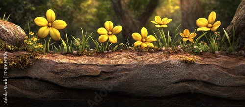 Yellow flowers bloom on forest rock, sunlight filters through trees. Nature scene