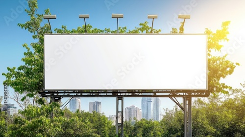 Blank billboard, city backdrop, sunny day, advertising space