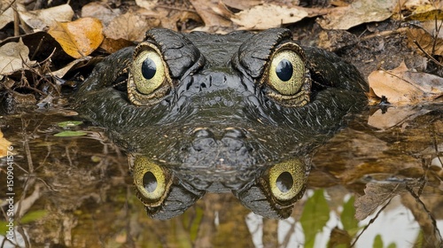 Spectacled Caiman emerges from swamp water, leaves background, wildlife photo photo
