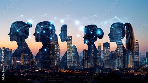 Women silhouettes, network, city skyline, sunset, AI