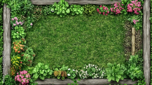 Lush garden border, green lawn center; overhead view.  Perfect for gardening/home decor