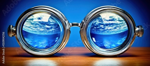 Sky mirrored in round glasses, wooden surface, blue background, vision concept
