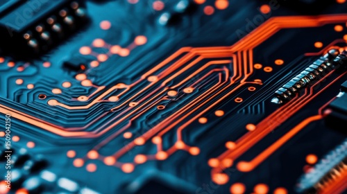Close-up Circuit Board Technology, glowing orange traces, electronic components, tech background, website design