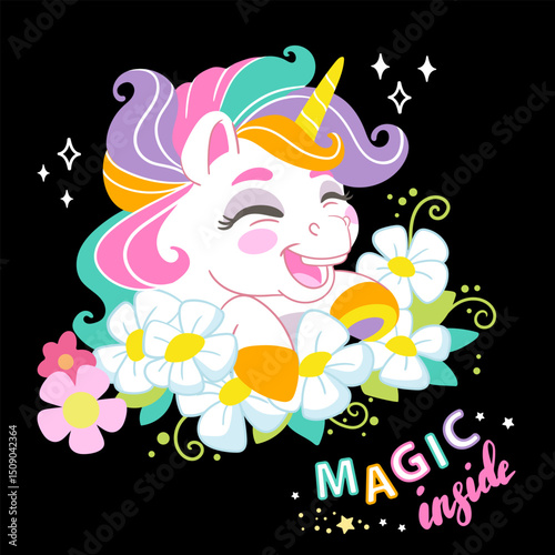 Cute cartoon character happy floral unicorn vector illustration