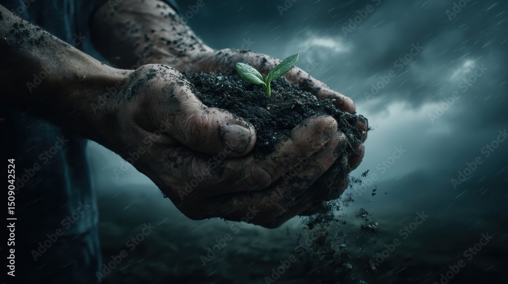 Obraz premium hands holding soil and sprout