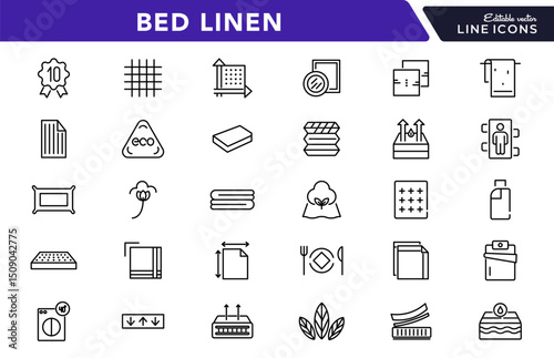 Bed linen linear icon set. Textile, comfort, sleep, bedroom, bedclothes, cotton, pillows, duvet cover,  cleaning, bedding sheet, sheet, soft, home, duvet, outline icon collection. UI thin vector icon
