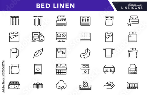 Bed linen linear icon set. Textile, comfort, sleep, bedroom, bedclothes, cotton, pillows, duvet cover,  cleaning, bedding sheet, sheet, soft, home, duvet, outline icon collection. UI thin vector icon