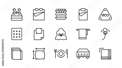 Bed linen linear icon set. Textile, comfort, sleep, bedroom, bedclothes, cotton, pillows, duvet cover,  cleaning, bedding sheet, sheet, soft, home, duvet, outline icon collection. UI thin vector icon