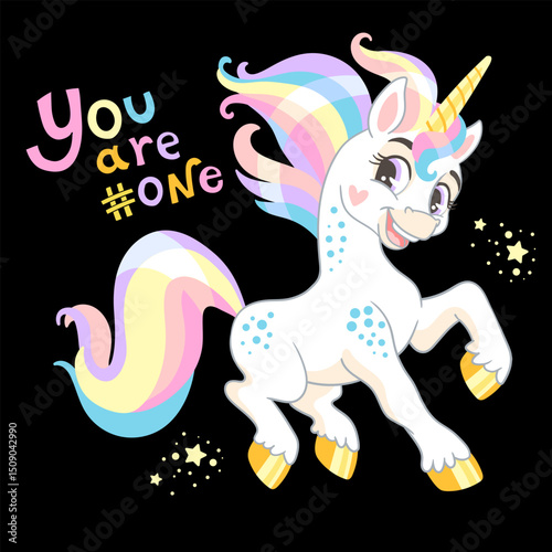 Cute cartoon unicorn and lettering You are number one vector