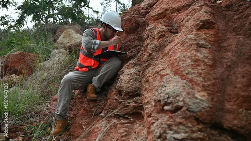A geologist is using a steel rod to drill into a rock to obtain a rock sample for analysis