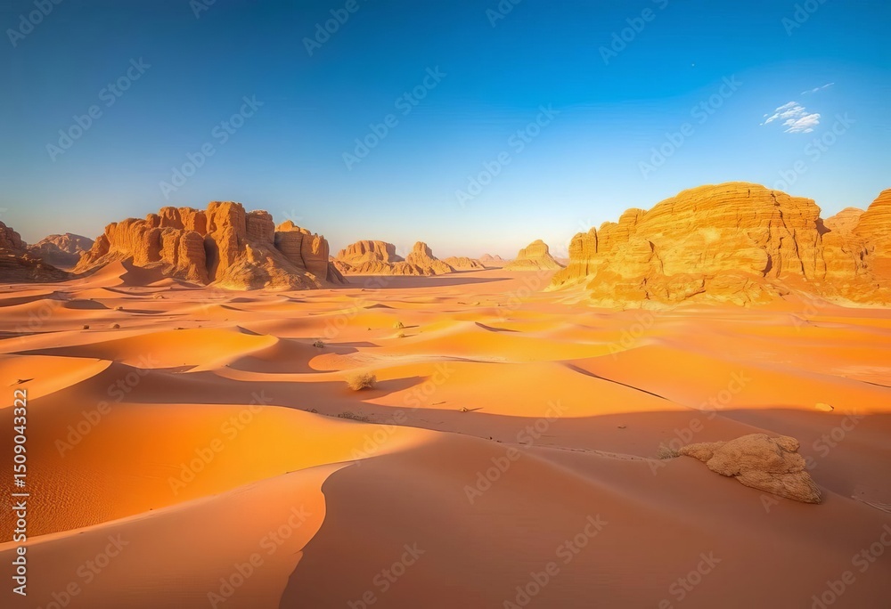 Naklejka premium Vast, sun-baked Sinai desert expanse, windswept dunes, rocky outcrops, wilderness, dunes