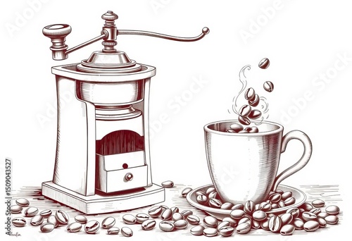 Vintage engraved sketch of coffee grinder, coffee beans spilling into a cup,   illustration,  artwork