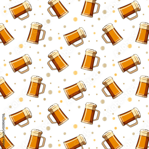 Beer mugs and bubbles.Vector seamless pattern with beer mugs and bubbles on a white background.