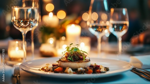 A luxury fine dining setting, showcasing an elegant plated dish with soft candlelight in the background. 