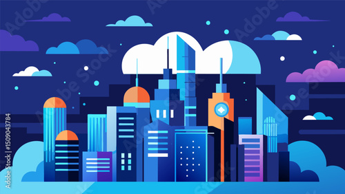A futuristic city skyline is shown with clouds hovering above representing the innovative and advanced technology of cloud data management.. Vector illustration