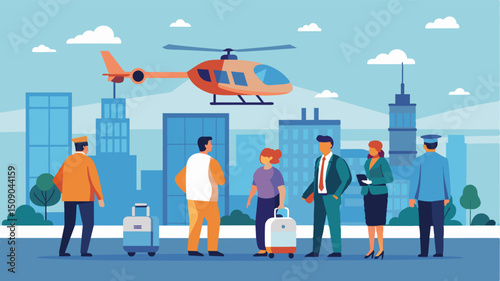 A group of residents eagerly waits at the designated air taxi stop their personal flying vehicles parked nearby.. Vector illustration