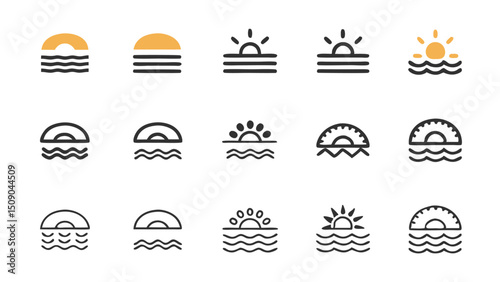 Sunset sunrise vector icon set ocean sea water horizon graphic design nature vacation travel symbol collection