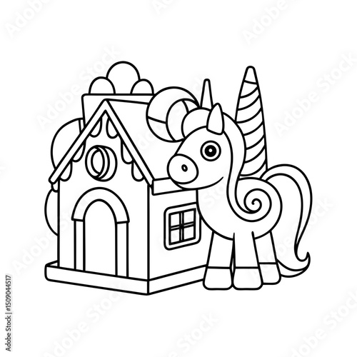 Printable Unicorn Building Candy Castle Coloring Page Vector