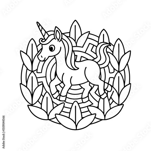 Printable Unicorn Skipping Through Garden Coloring Page Vector