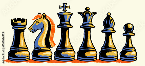 Chess Pieces Illustration: King, Queen, Rook, Knight, Bishop, Pawn