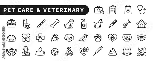 Pet care & Veterinary line icon set. Editable stroke. Vet services icons. Dog, cat, pet carrier... Simple outline symbols. Vector Illustration