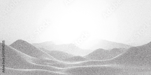 Soft stipple halftone scene of rolling hills with bright horizon light. Minimal monochrome texture with peaceful tone