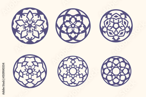 Collection of six circular mandala patterns isolated on white background