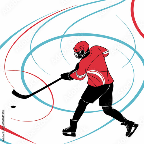 male hockey player shooting a puck, focused and dynamic, colorful illustration