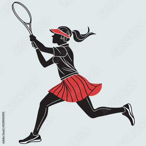 female tennis player running to hit the ball, energetic and focused, minimalist illustration