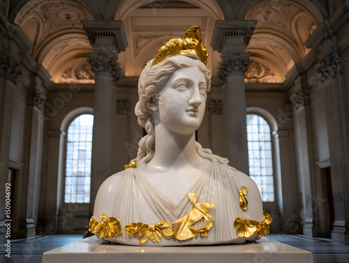 Glowing Gold Accents on a White Marble Statue in a Grand Hall