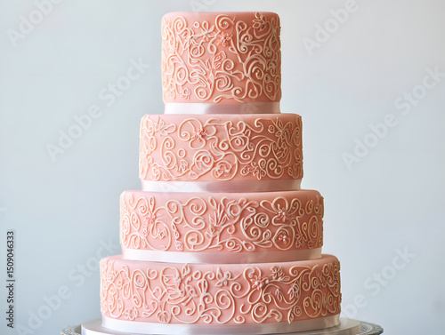 Four Tiered Blush Pink Wedding Cake with Delicate Floral Lace Design