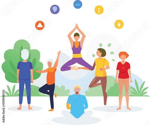 Diverse group practicing yoga and meditation in a park setting representing health wellness and harmony